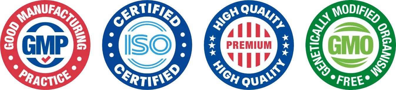 GMP · ISO · Premium Quality · Non-GMO Certifications
